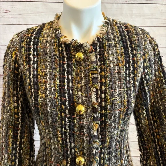 CABi 175 Paris Tweed Cropped Blazer Jacket Size Small Black Gold Button Fringe - Picture 3 of 12